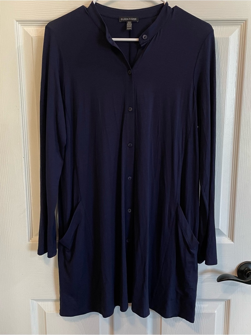 Eileen Fisher Navy Long Sleeve Jersey Tunic Top XS Viscose Stretch Pockets